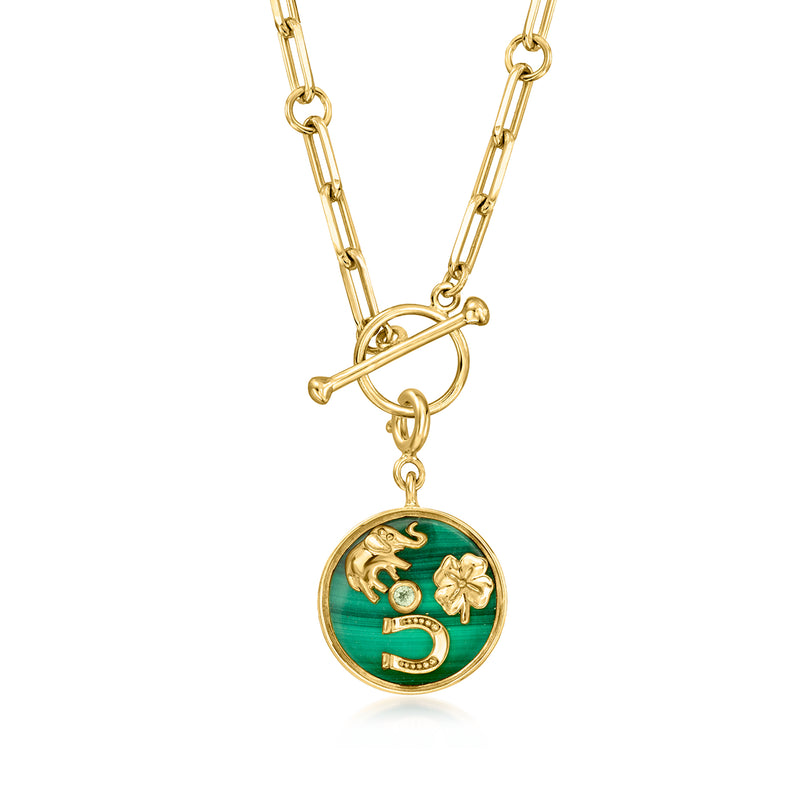 Gold chain necklace featuring a round green malachite-style charm with elephant and clover