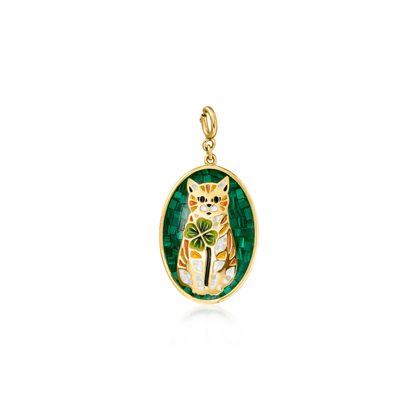 Oval cat charm with green, yellow, and white enamel mosaic; gold loop and bail