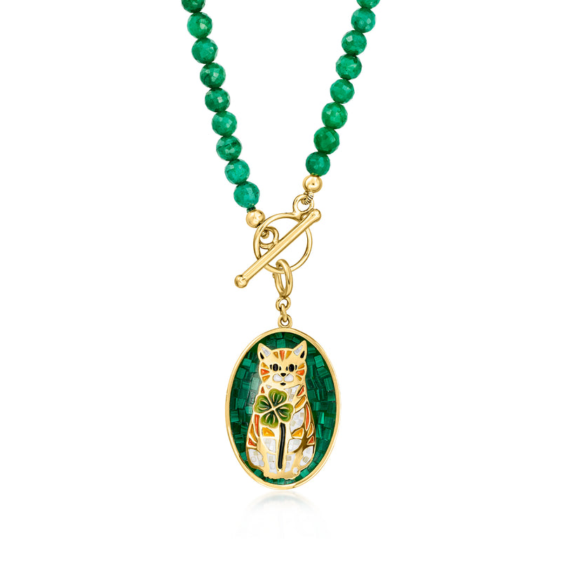 Cat charm pendant on green beaded necklace with gold clover-knot detail and oval frame