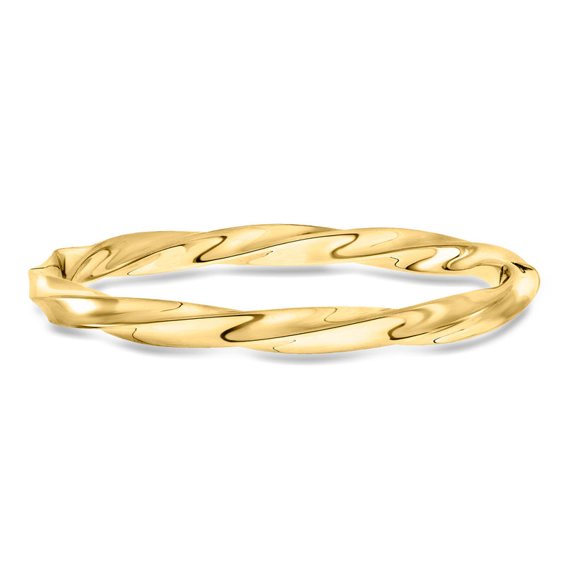 Twisted yellow gold bangle bracelet with glossy ridged pattern, 14kt vintage style