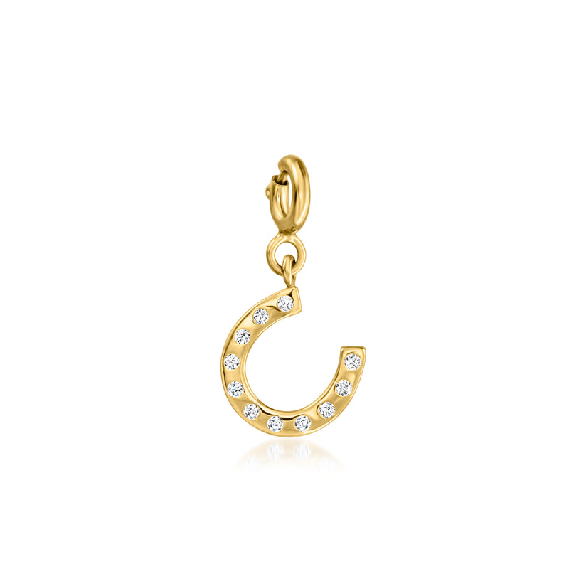 Gold horseshoe charm with small round diamond accents and hanging loop