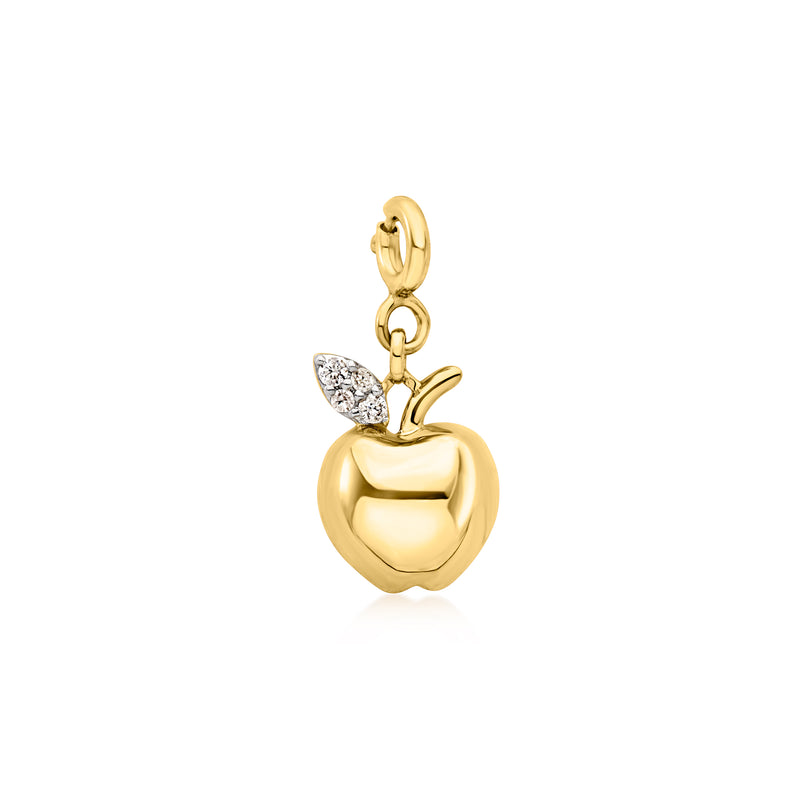 Gold apple charm with diamond-look pave leaf in 18kt gold over sterling