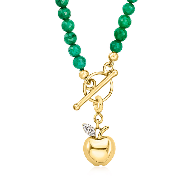 Gold apple pendant charm with diamond-look pave leaf and green bead strand