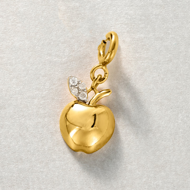 18kt gold over sterling apple charm with diamond-look pave leaf, close-up