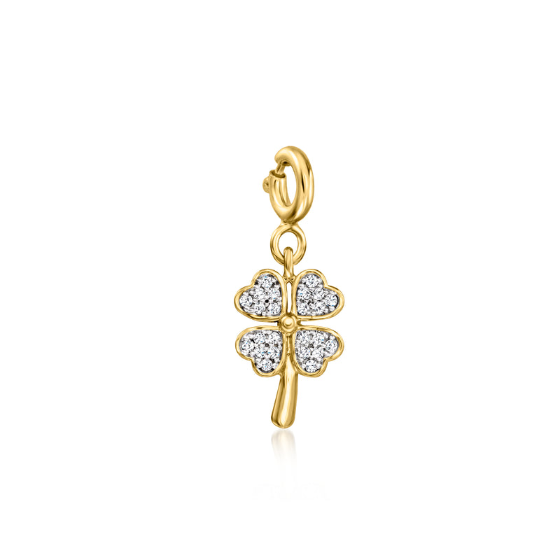 Gold four-leaf clover charm with round diamond-like stones and top loop bail