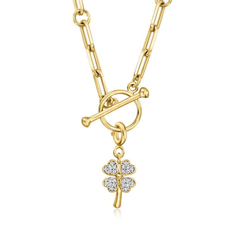 Four-leaf clover charm pendant with diamond-like stone petals on gold link chain