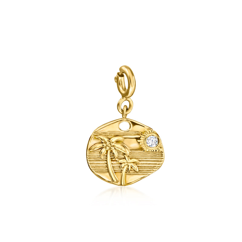 Gold over sterling round tropical charm with palm tree and single diamond accent