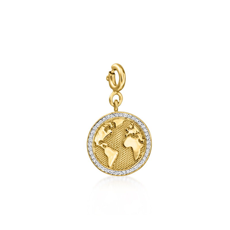 Round gold-tone world map charm with diamond halo, hanging from link bail