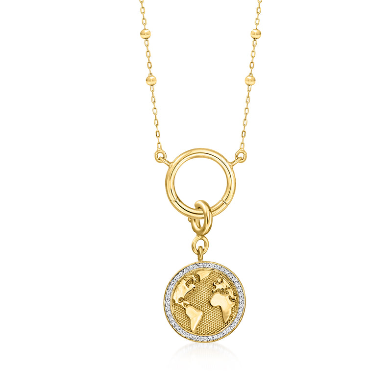 Circular world map charm with diamond halo, centered on gold-tone necklace chain