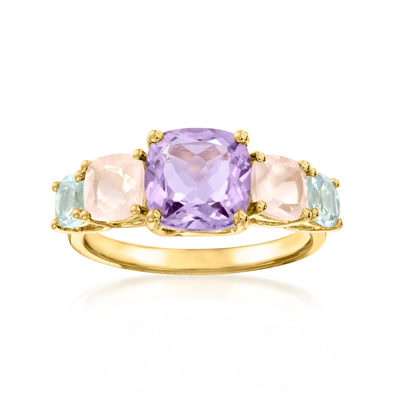 Gold-tone ring with square amethyst center and pink and light-blue side stones
