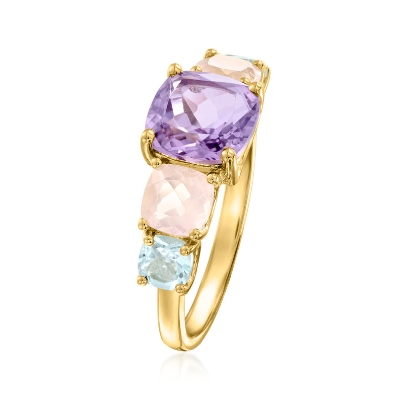 Gold-tone ring with large amethyst center and pink and light-blue side stones