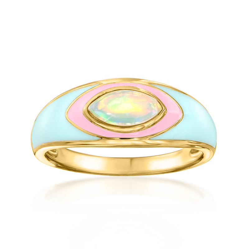 Gold over sterling enamel ring with oval opal-like stone, pastel pink and blue accents.