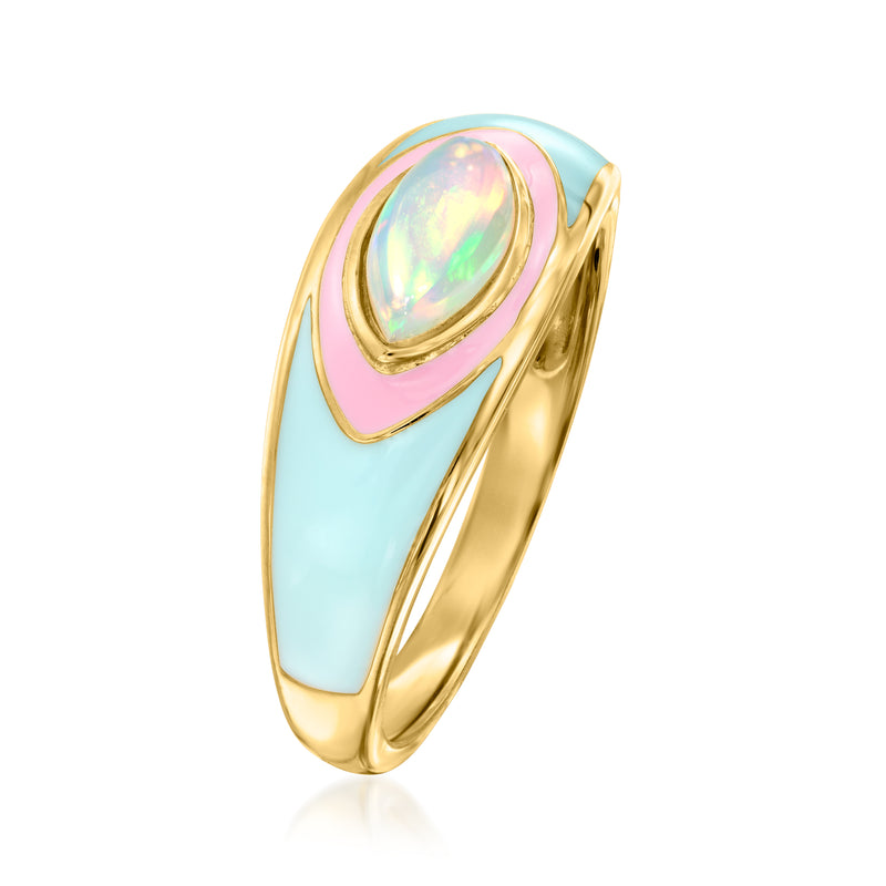 Enamel ring side view with oval opal-like stone, pastel blue and pink enamel, gold band.