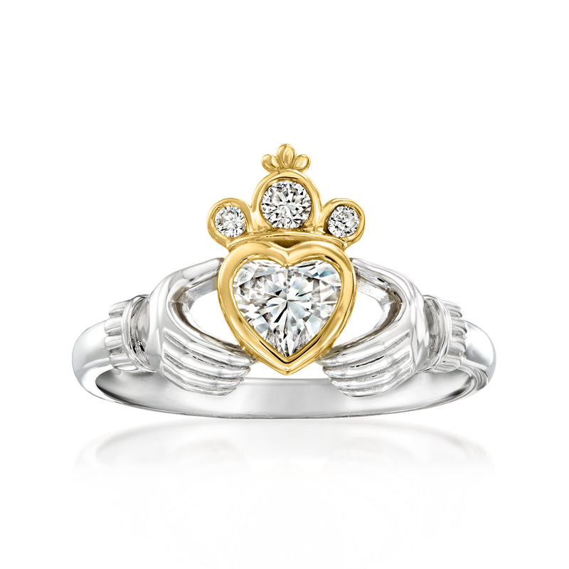 Claddagh diamond ring in sterling silver with 18kt gold heart and round stones