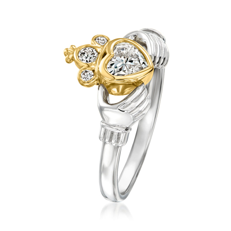 Sterling silver claddagh ring with gold heart motif and round diamond accents
