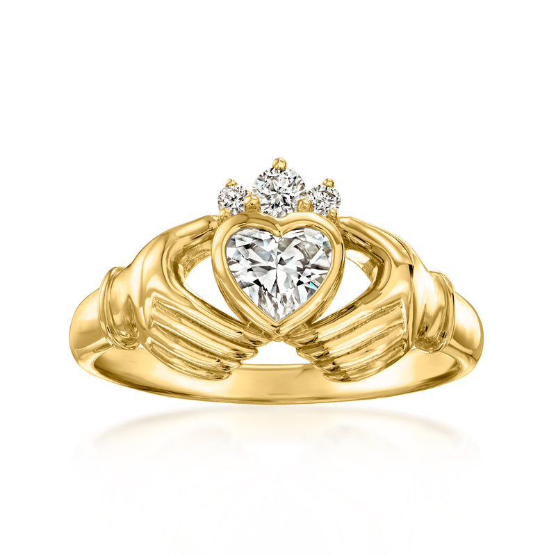 18kt gold over sterling claddagh ring with heart-shaped center diamond and side stones