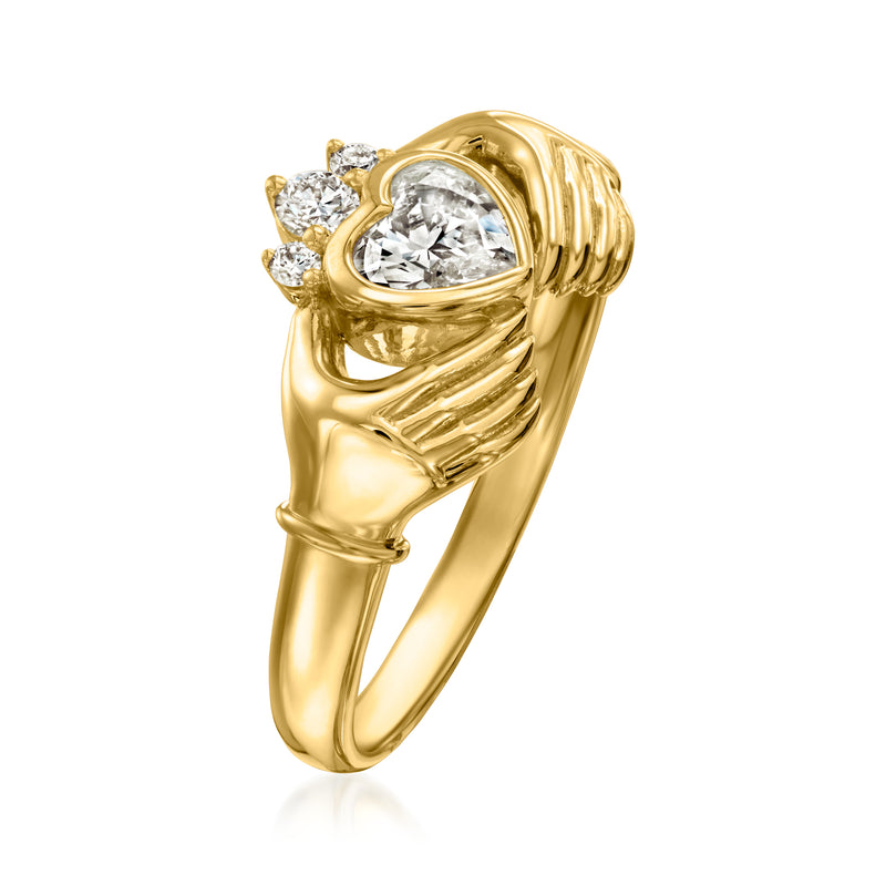 Claddagh-style gold ring with heart center diamond, twisted band, and small diamond accents