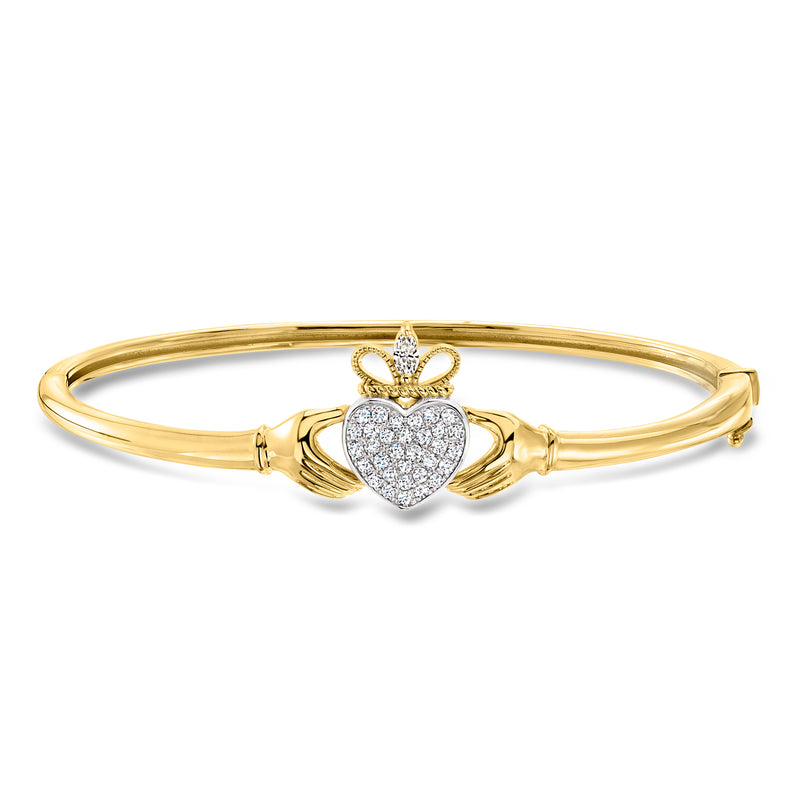 Gold bangle bracelet with heart claddagh charm and sparkling diamond accents