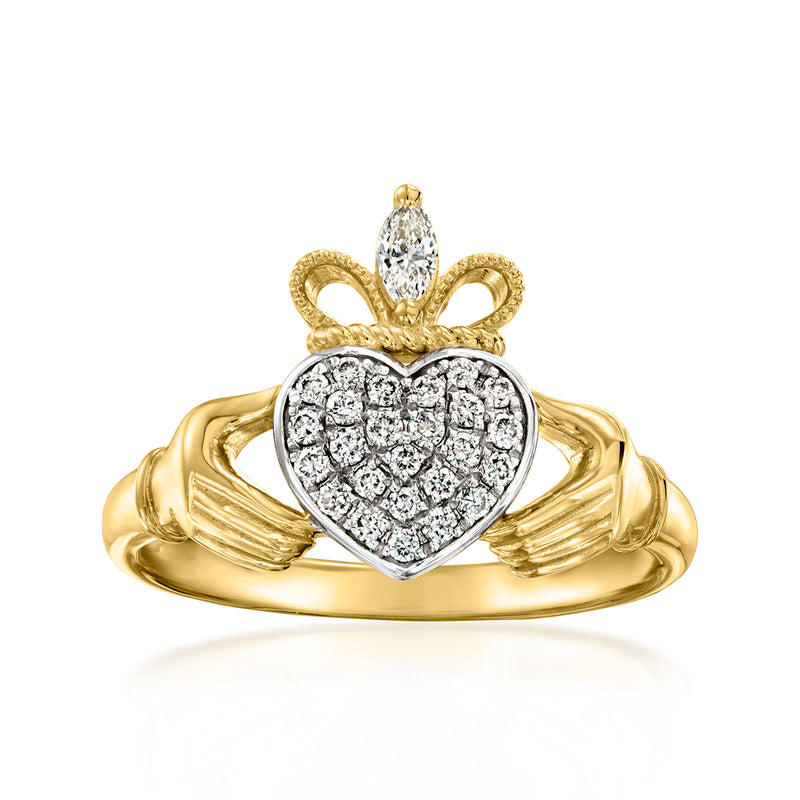 Claddagh ring in gold over sterling silver with heart-shaped diamond center and bow detail