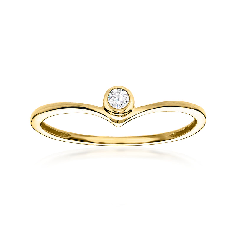 Gold chevron ring with a round bezel-set diamond centerpiece