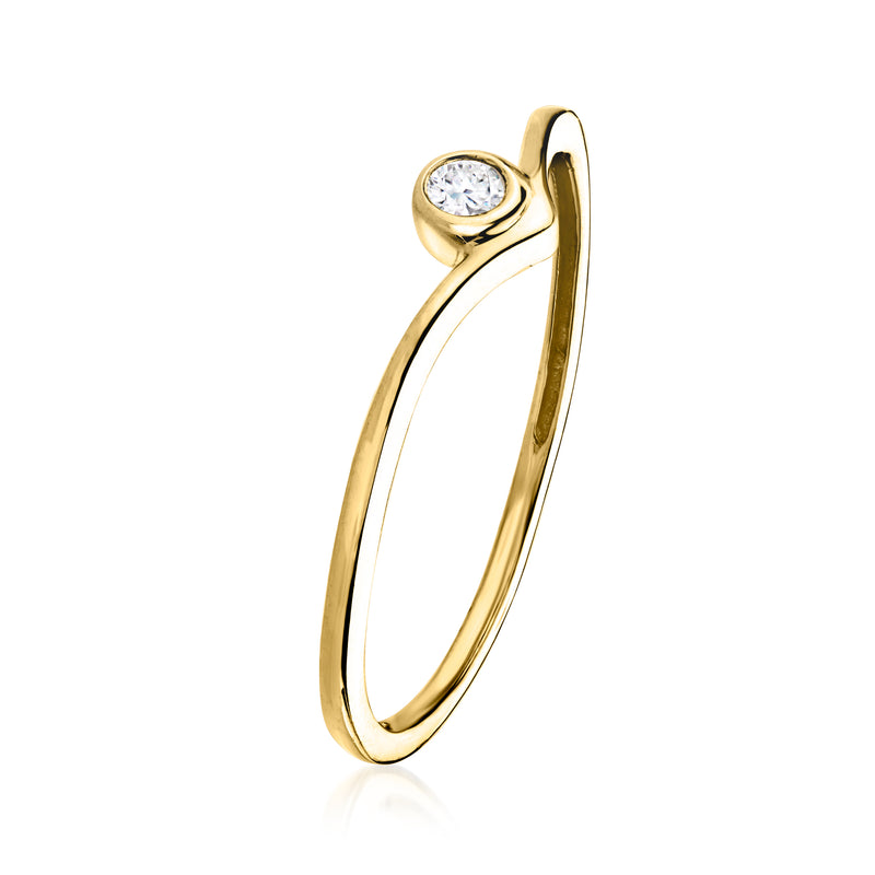 Gold chevron ring with small round bezel-set diamond on top