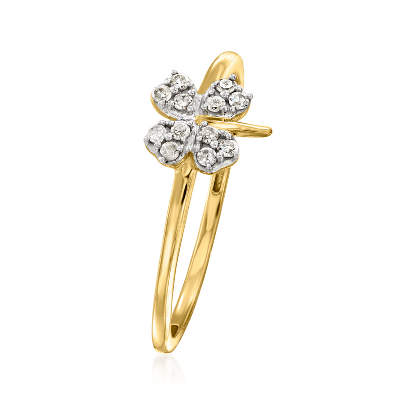 Gold four-leaf clover ring with sparkling round stones, leaf-shaped cluster on band