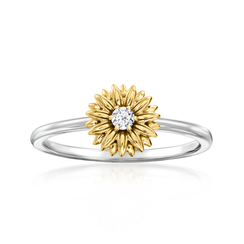 Sunflower diamond ring with gold flower center on sterling silver band