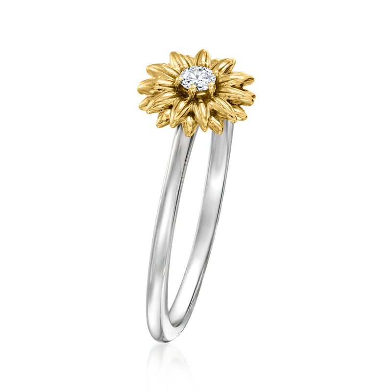 Sunflower diamond ring, gold textured flower with single round stone on silver band