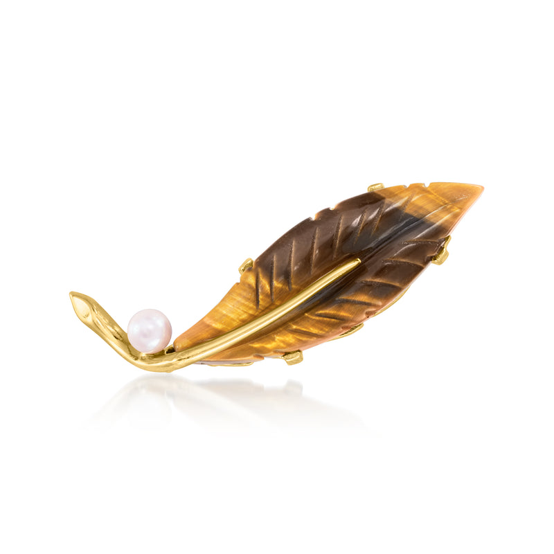 14kt yellow gold leaf pin with tiger eye and cultured pearl, clasp backing visible