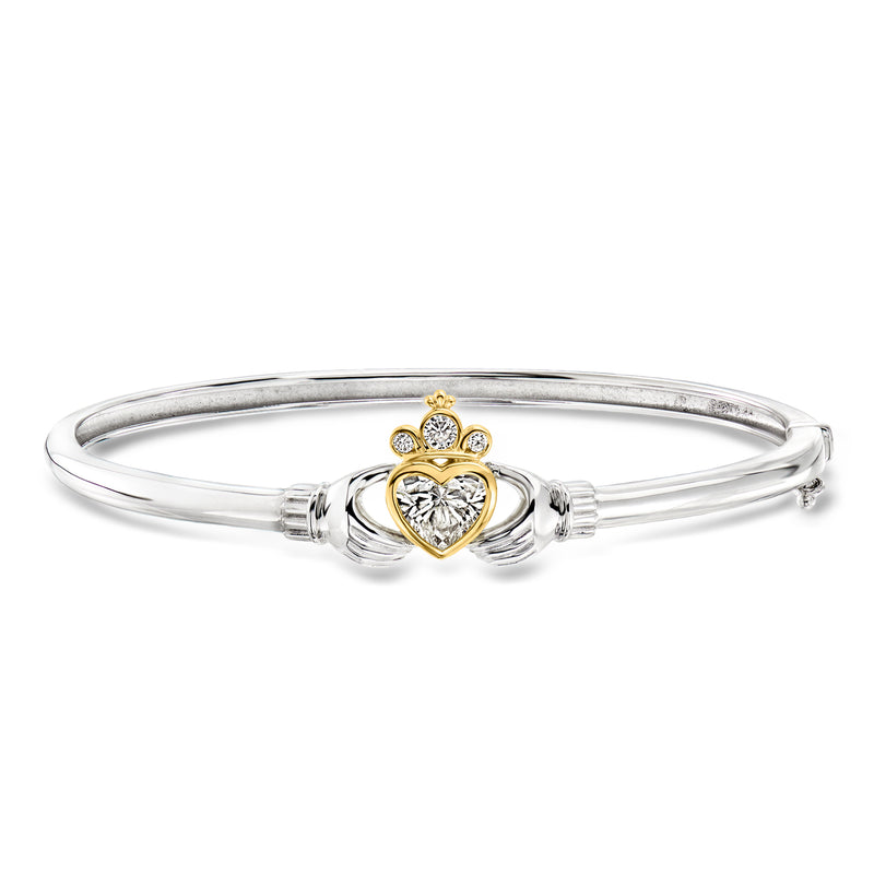 Sterling silver bangle with gold heart claddagh motif and round lab-grown diamond