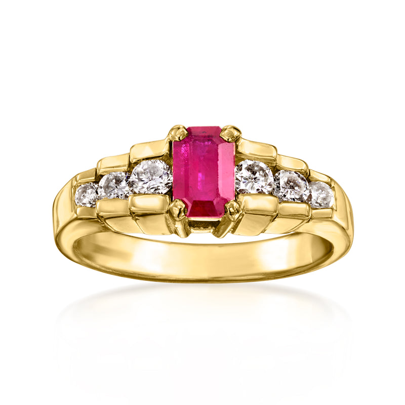 Yellow gold ring with rectangular pink ruby center and white diamond side accents