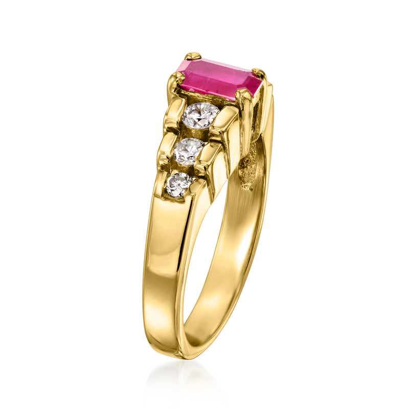 Yellow gold ring with square pink ruby center and round white diamond cluster settings
