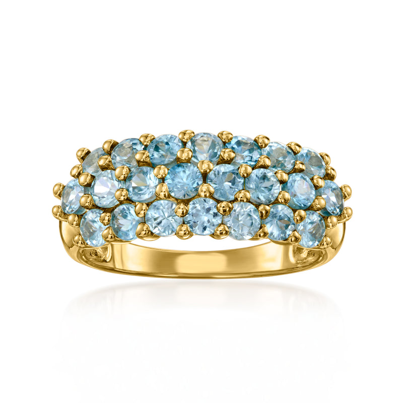 Three-row blue zircon ring in 14kt yellow gold with round stones