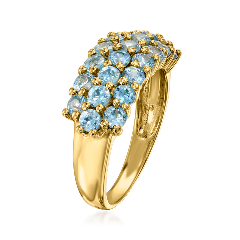 Three-row round blue zircon ring on 14kt yellow gold band, side view