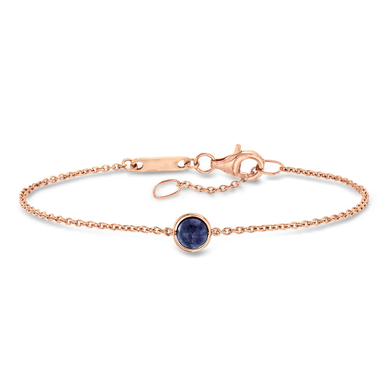 Rose gold bead bracelet with round blue lapis charm and lobster clasp