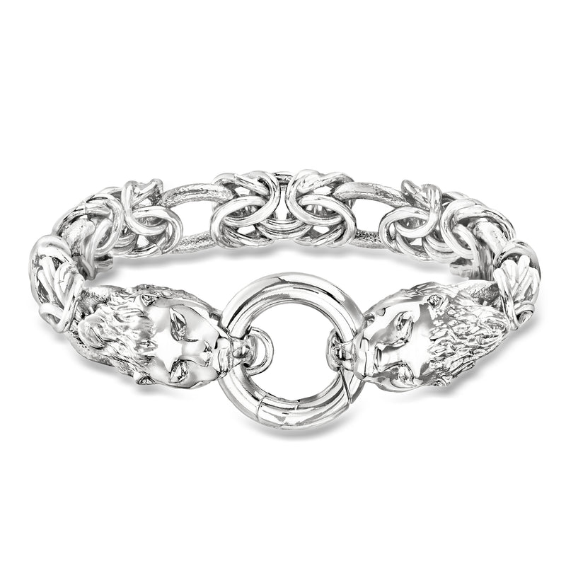 Rhodium-plated Byzantine chain bracelet with double lion-head links and circular clasp