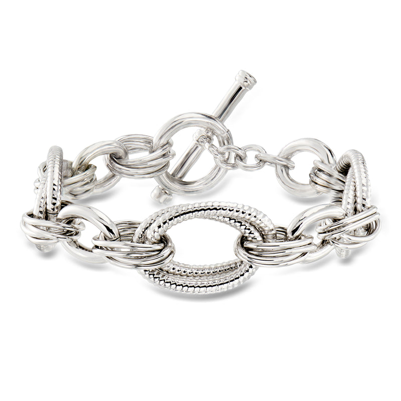 Rhodium-plated oval-link toggle bracelet with textured oval center link
