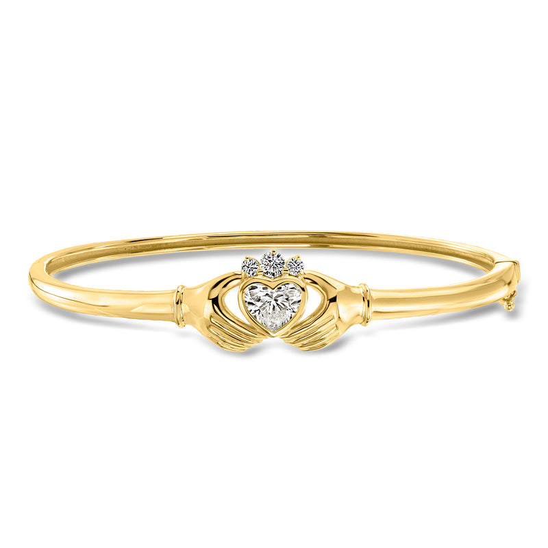 Gold claddagh bangle bracelet with diamond heart center and hinged clasp