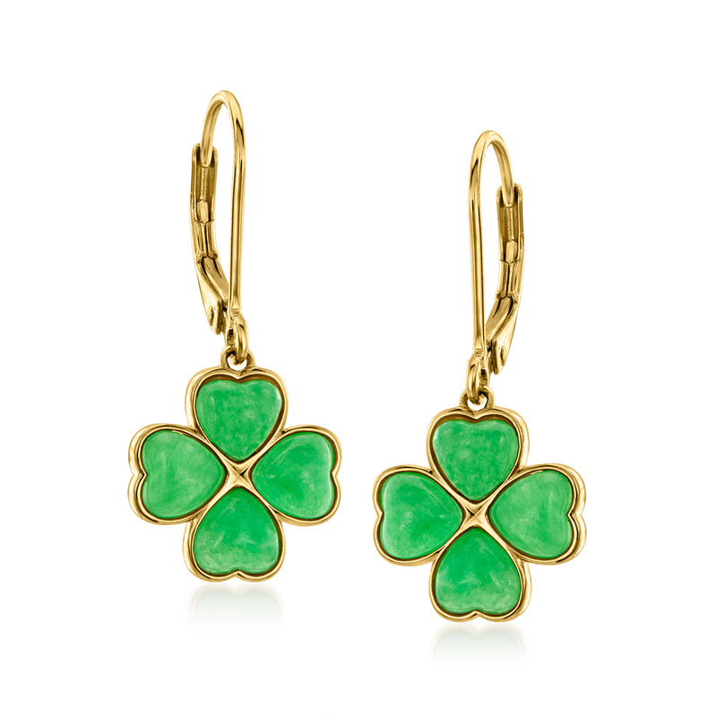 Earrings: gold leverback drop with green four-leaf clover charm