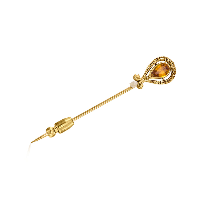 10kt yellow gold stick pin with teardrop yellow gemstone and pearl bead