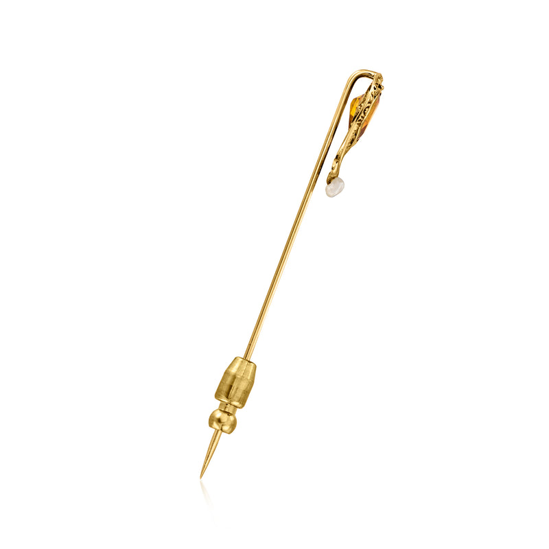 10kt yellow gold stick pin with teardrop gemstone and pearl bead, side view