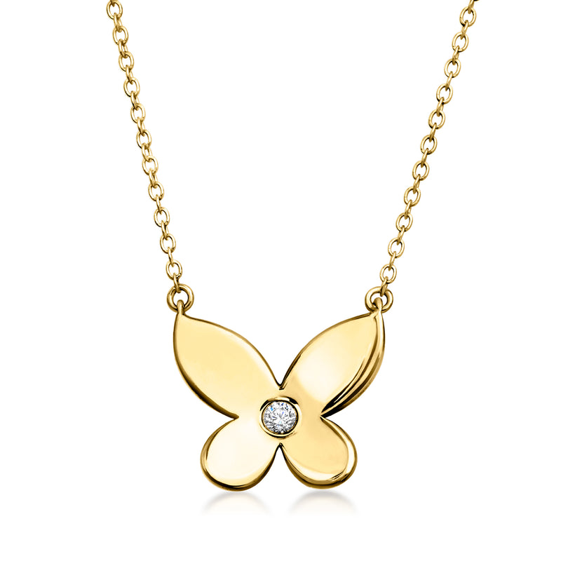 Gold butterfly necklace with bezel-set round lab-grown diamond on link chain