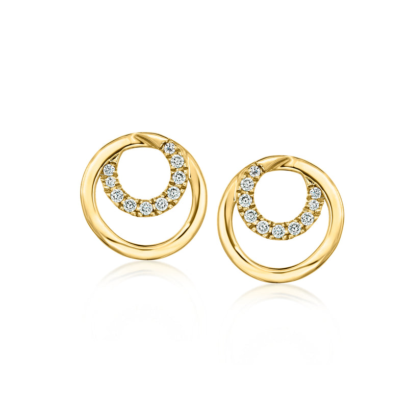 Gold double-circle post earrings with round diamond accents, 18kt gold over sterling