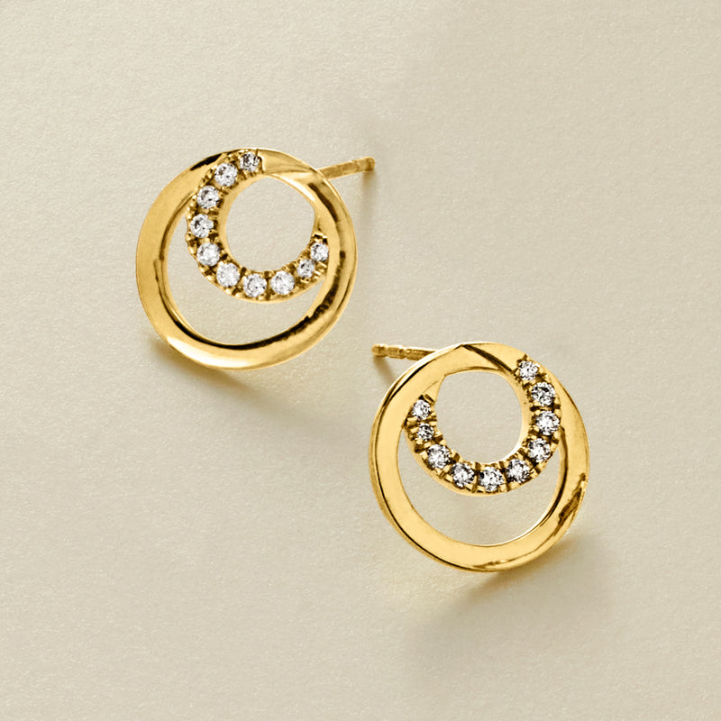 Gold round double-circle post earrings with white diamond stones