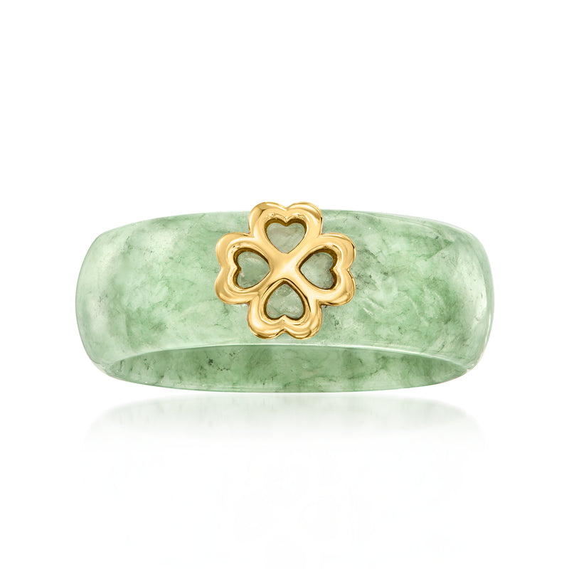 Jade green station ring with four-leaf clover gold-tone centerpiece on band