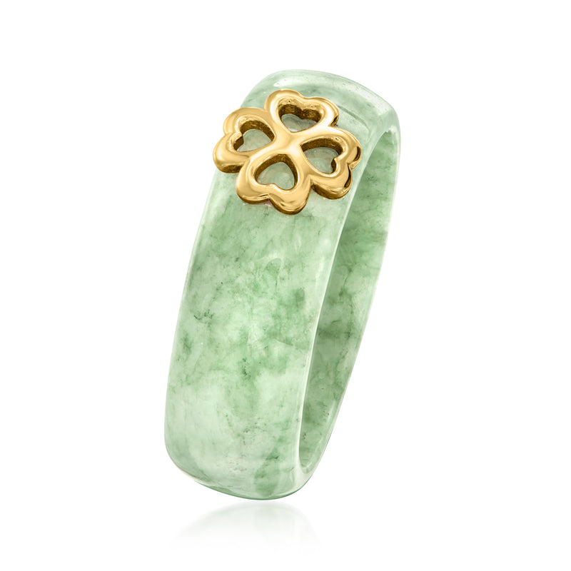 Jade green gemstone-look band ring with four-leaf clover gold-tone top