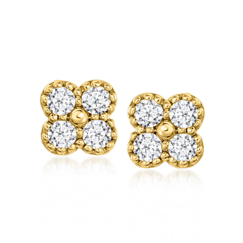 Gold over sterling clover stud earrings with four round lab-grown diamond simulants