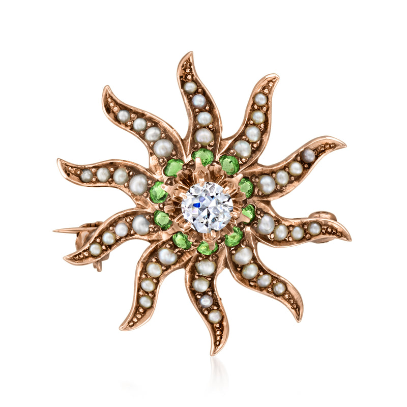 Vintage 9kt gold sunburst pin with diamond center, green peridot, pearl accents