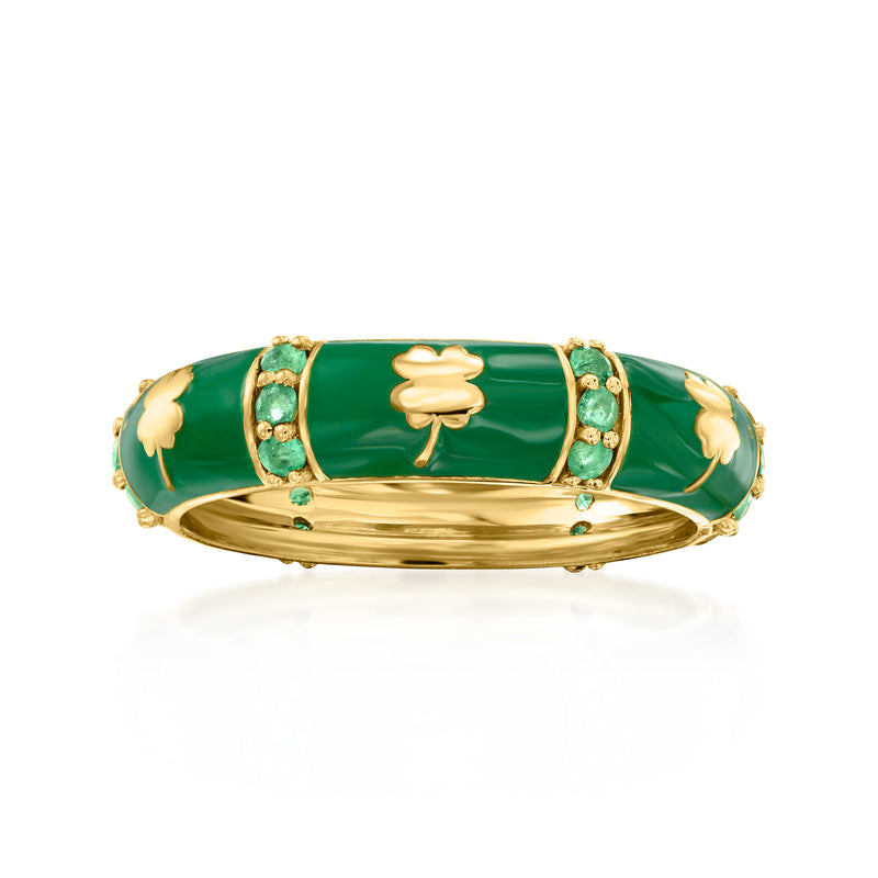 Green enamel clover ring in gold-tone with small round stones