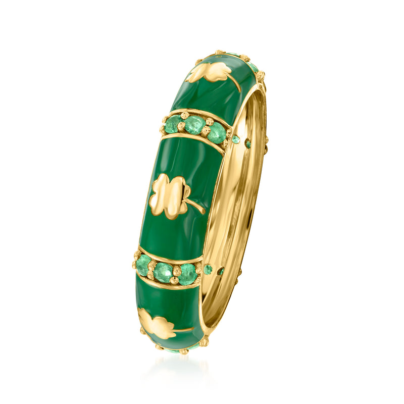 Green enamel clover band ring with four-leaf motifs and gold edges